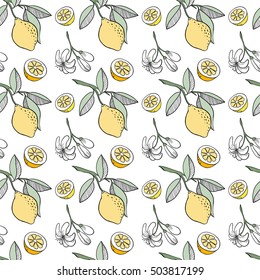 Doodle hand drawn lemon seamless pattern. Sketched abstract food illustration. Design artistic element for card, print, template, wallpaper, texture