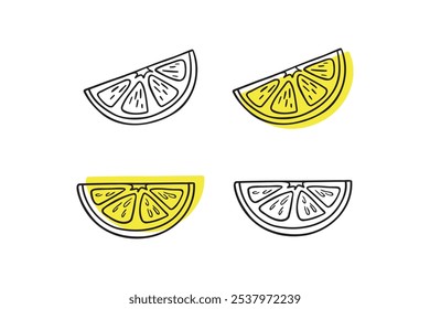 Doodle hand drawn lemon slice icon set. Single lemon slices for cafes and restaurants, cute postcards and culinary design. Vector illustration