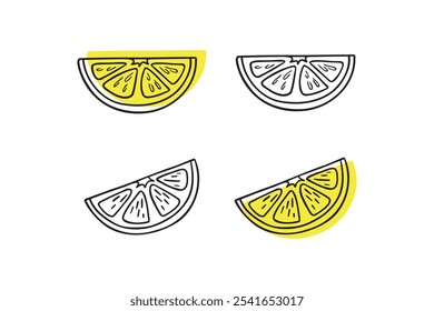 Doodle hand drawn lemon slice icon set. Single lemon slices for cafes and restaurants, cute postcards and culinary design. Vector illustration