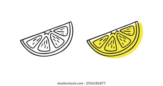 Doodle hand drawn lemon slice icon. Single lemon slices for cafes and restaurants, cute postcards and culinary design. Vector illustration