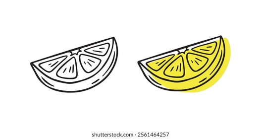 Doodle hand drawn lemon slice icon. Single lemon slices for cafes and restaurants, cute postcards and culinary design. Vector illustration