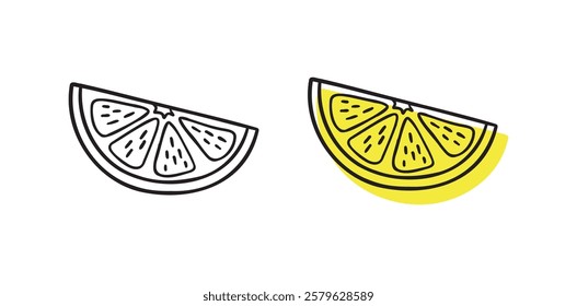 Doodle hand drawn lemon slice icon. Single lemon slices for cafes and restaurants, cute postcards and culinary design. Vector illustration