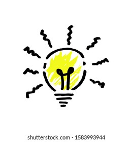 Doodle hand drawn light bulb icon with concept of idea. solution. isolated on white background. vector illustration 