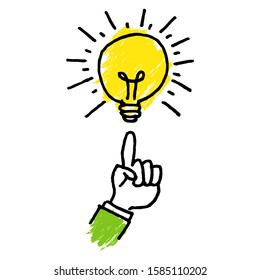 Doodle hand drawn light bulb icon with concept of idea. solution. isolated on white background. vector illustration