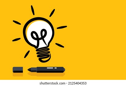 Doodle hand drawn light bulb icon and black pen marker. Concept of idea. Vector illustration Flat design for banner, poster, wallpaper, and background.