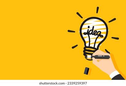 Doodle hand drawn light bulb icon and black pen marker. Concept of idea. Vector illustration Flat design for banner, poster, wallpaper, and background.