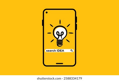Doodle hand drawn light bulb and magnifier icon for search data to make concept of idea by smartphone symbol. Vector illustration Flat design for banner, poster, wallpaper, and background.