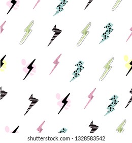 doodle hand drawn Lightning Bolts Vector Seamless Pattern. Repeat Background.