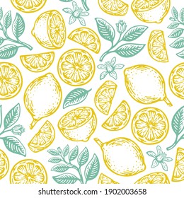 Doodle Hand Drawn Lime And Lemon Seamless Pattern. Tropical Summer Citrus Fruit Vintage Style.