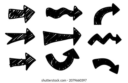 Las flechas de línea dibujadas a mano en Doodle están aisladas. El esbozo establece una bonita colección aislada para la oficina.