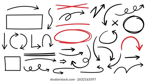 Doodle hand drawn line, arrows, square frames