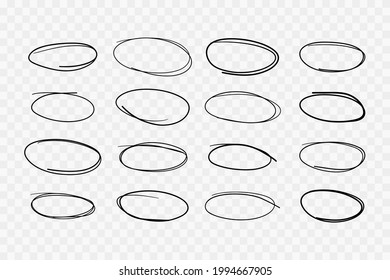 Doodle hand drawn line circles. Black outline ellipse set on transparent background, abstract sketch. Vector pencil drawing