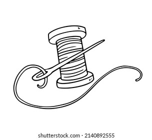 Doodle hand drawn logo or icon of thread and needle. Sewing cartoon drawing about handmade.