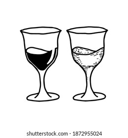 Doodle hand drawn long stemmed wine glasses. With a glare on the glass. Black and white vector illustrations for web, booklets, textiles.