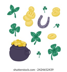 Doodle hand drawn lucky items on St Patricks day. Colored sketchy coins, cauldron with coins, shamrock, clover and horseshoe. Irish celebration concept. Ideal for decoration, stickers, pattern