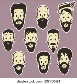 doodle hand drawn man avatar set, beard men heads