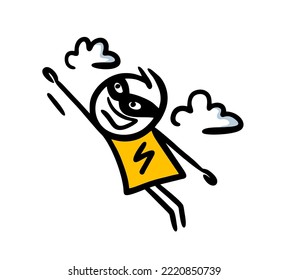 Doodle hand drawn man with raised arm flying trough the clouds. Vector illustration of super man in the sky.