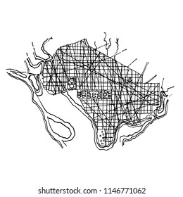 Doodle hand drawn map. Urban plan of a city, old village. Street map. Futuristic Megalopolis. City Basis Plan. Vector illustration.