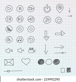 Doodle hand drawn media player icon set. Black lines on white paper background.