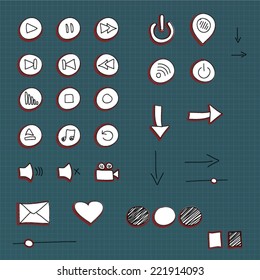Doodle hand drawn media player icon set. Black lines on blue background.