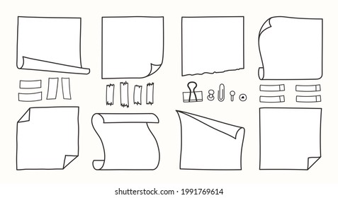 Doodle hand drawn memo notes and reminders vector llustration set. Simple drawing doodle style sketches of square paper sheets with curved corners cute diary design with clip, pins and duct tape.