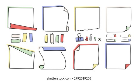 Doodle hand drawn memo notes and reminders vector llustration set. Simple drawing doodle style sketches of square paper sheets with curved corners cute diary design with clip, pins and duct tape.