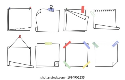 Doodle handgezeichnete Memonotizen und Erinnerungen Vektorgrafik Set. Einfache Zeichnungen im Doodle-Stil mit quadratischen Papierbögen mit abgerundeten Ecken, süßes Tagebuch-Design mit Clip, Pins und Leitungsband.