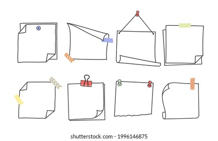 Doodle hand drawn memo notes and reminders vector illustration set. Simple drawing doodle style sketches of square paper sheets with curved corners cute diary design with clip, pins and duct tape.