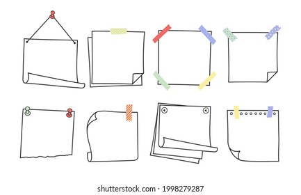 Doodle handgezeichnete Memonotizen und Erinnerungen Vektorgrafik Set. Einfache Zeichnungen im Doodle-Stil mit quadratischen Papierbögen mit abgerundeten Ecken, süßes Tagebuch-Design mit Clip, Pins und Leitungsband.