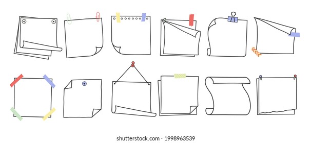 Doodle handgezeichnete Memonotizen und Erinnerungen Vektorgrafik Set. Einfache Zeichnungen im Doodle-Stil mit quadratischen Papierbögen mit abgerundeten Ecken, süßes Tagebuch-Design mit Clip, Pins und Leitungsband.