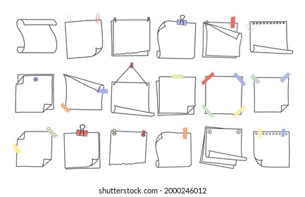 Doodle hand drawn memo notes and reminders vector illustration set. Simple drawing doodle style sketches of square paper sheets with curved corners cute diary design with clip, pins and duct tape.