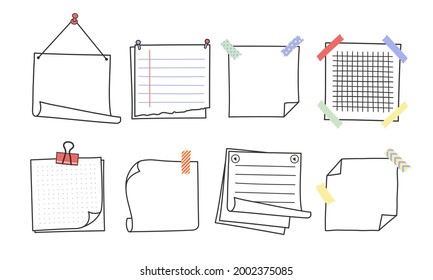 Doodle hand drawn memo notes and reminders vector illustration set. Simple drawing doodle style sketches of square paper sheets with curved corners cute diary design with clip, pins and duct tape.