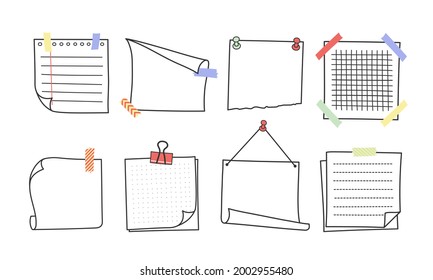 Doodle hand drawn memo notes and reminders vector illustration set. Simple drawing doodle style sketches of square paper sheets with curved corners cute diary design with clip, pins and duct tape.