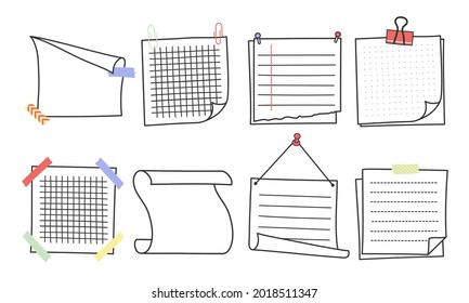 Doodle hand drawn memo notes and reminders vector illustration set. Simple drawing doodle style sketches of square paper sheets with curved corners cute diary design with clip, pins and duct tape.