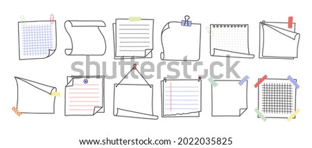 Doodle hand drawn memo notes and reminders vector illustration set. Simple drawing doodle style sketches of square paper sheets with curved corners cute diary design with clip, pins and duct tape.