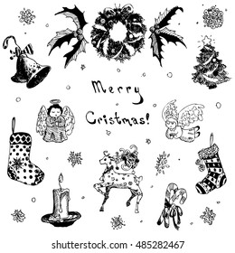 Doodle hand drawn Merry Christmas illustration. Christmas tree, gift, bell, snowflake, candle, ribbon, candy, deer, present, ornament, angel, sock, mistletoe, garland.