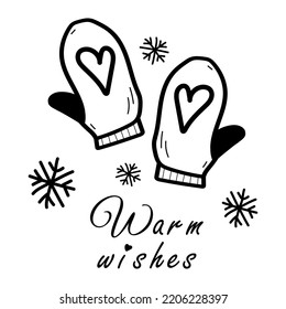 Doodle hand drawn mittens icon isolated on white background. Simple black outline silhouette. Warm wishes lettering. Cozy winter season hand wear.