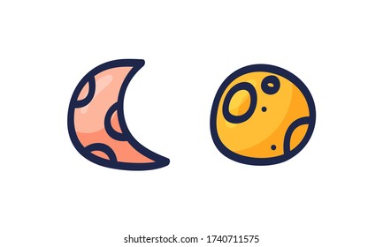 Doodle hand drawn moon symbol set. Silhouette monochrome moon icon. Stock vector illustration isolated on white background. Retro design.
