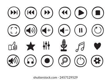 Doodle hand drawn music icons set. Sketch style buttons. Media player elements. Vector illustration