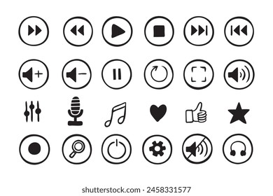 Doodle hand drawn music icons set. Sketch style buttons. Media player elements. Vector illustration