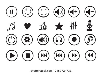 Doodle hand drawn music icons set. Sketch style buttons. Media player elements. Vector illustration