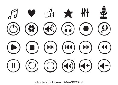 Doodle hand drawn music icons set. Sketch style buttons. Media player elements. Vector illustration