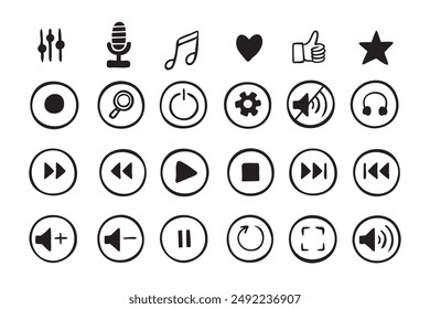 Doodle hand drawn music icons set. Sketch style buttons. Media player elements. Vector illustration
