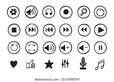 Ícones de música desenhados à mão rabiscar definidos. Botões de estilo de esboço. Elementos do Media Player. Ilustração vetorial