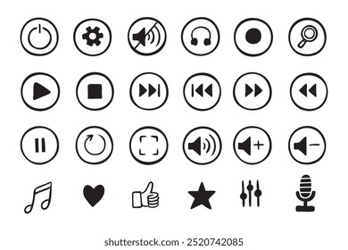 Doodle hand drawn music icons set. Sketch style buttons. Media player elements. Vector illustration