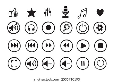 Conjunto de iconos de música dibujados a mano de Doodle. Botones de estilo de boceto. Elementos de reproductor multimedia. Ilustración vectorial