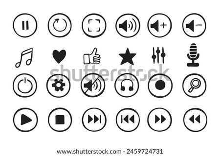 Doodle hand drawn music icons set. Sketch style buttons. Media player elements. Vector illustration