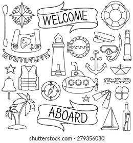 Doodle hand drawn nautical decor set. Chalk board effect. Graphic design elements for baby shower or wedding invitation, birthday card, sea sailing vacation flyers, scrapbooking. Vector illustration.