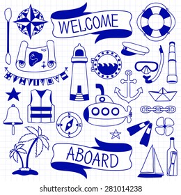 Doodle hand drawn nautical decor set. Pen on paper effect. Graphic design elements for baby shower or wedding invitation, birthday card, sea sailing vacation flyers, scrapbooking. Vector illustration.