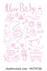 Doodle hand drawn newborn girl elements. May be used as foiling for different printings.